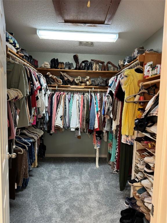 walk in closet with attic access, carpet flooring, and visible vents