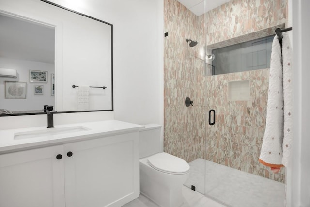 bathroom featuring an AC wall unit, a stall shower, vanity, and toilet