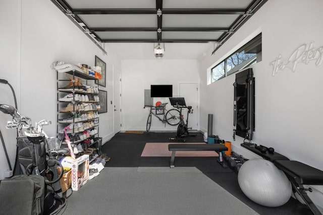 workout room featuring a garage