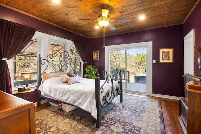 bedroom with wooden ceiling, access to exterior, crown molding, and wood finished floors