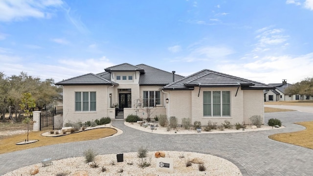 1000 Flint Ridge Trl, Georgetown, TX 78628 - prairie-style home featuring brick siding, curved driveway, and fence