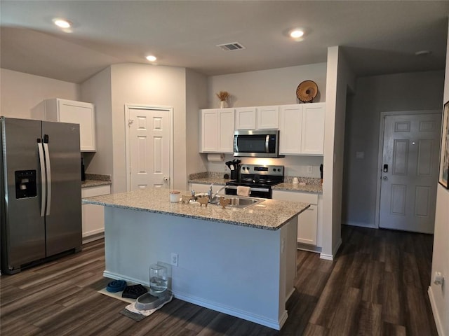 kitchen with white cabinetry, visible vents, stainless steel appliances, and a sink