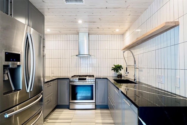 kitchen featuring a sink, wood ceiling, appliances with stainless steel finishes, wall chimney range hood, and gray cabinets