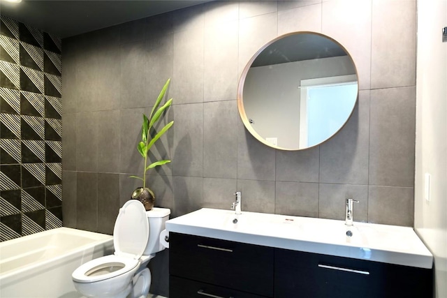 bathroom with toilet and tile walls