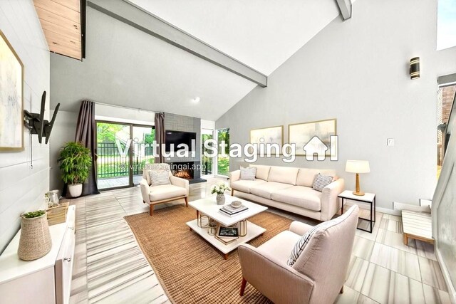 living area featuring high vaulted ceiling and beam ceiling