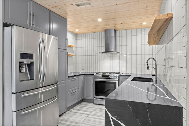 kitchen featuring appliances with stainless steel finishes, a sink, gray cabinets, wall chimney range hood, and open shelves