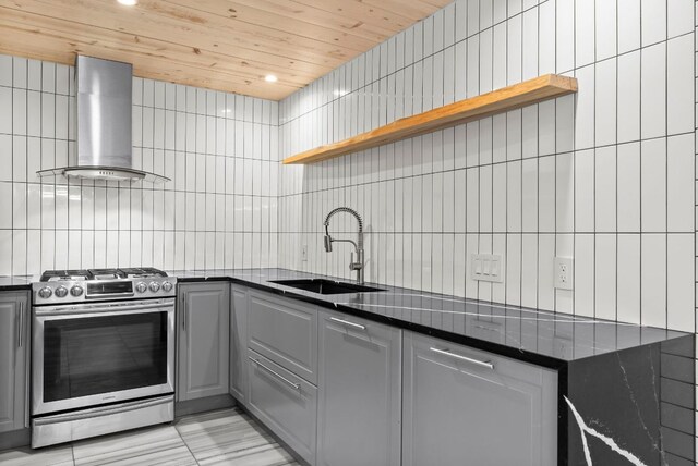kitchen with gas range, open shelves, a sink, wall chimney exhaust hood, and wooden ceiling
