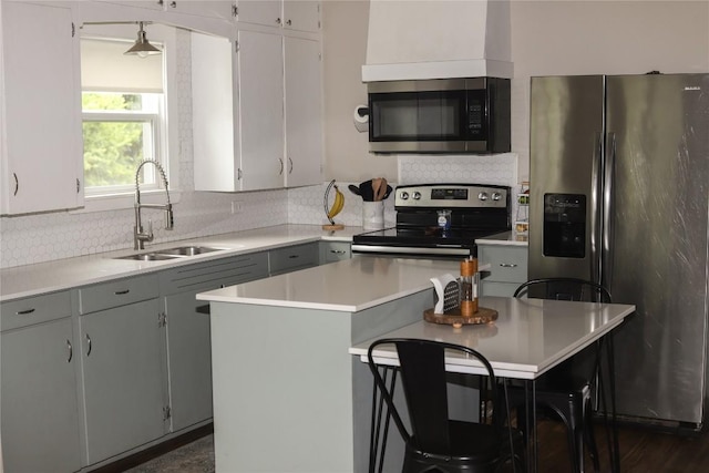 kitchen featuring stainless steel appliances, a kitchen island, a sink, light countertops, and backsplash