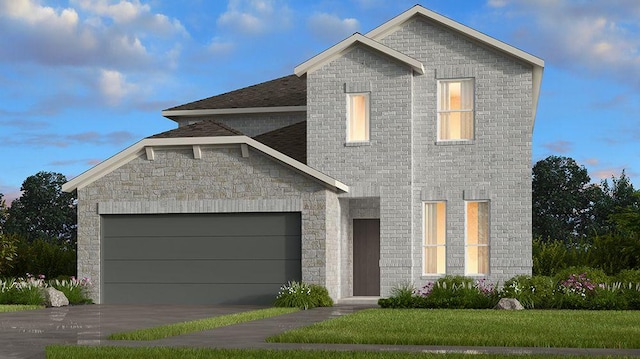 view of front of property with an attached garage, a yard, stone siding, and brick siding