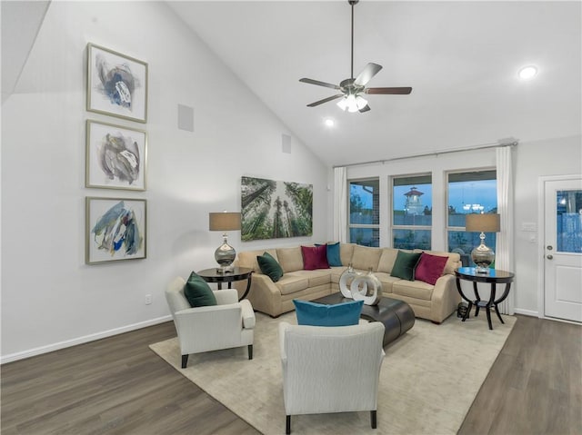 205 Bluff Creek Ln, Georgetown, TX 78628 - living area featuring wood finished floors, high vaulted ceiling, ceiling fan, and recessed lighting