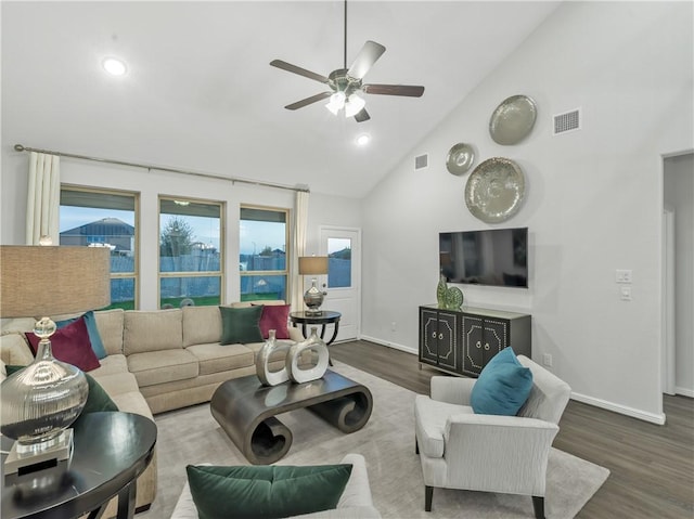 205 Bluff Creek Ln, Georgetown, TX 78628 - living area featuring wood finished floors, ceiling fan, high vaulted ceiling, and recessed lighting