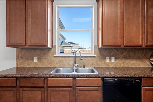 kitchen featuring dark countertops, black dishwasher, a sink, and backsplash