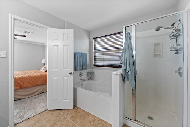 full bathroom featuring ensuite bathroom, visible vents, a shower stall, a bath, and tile patterned floors