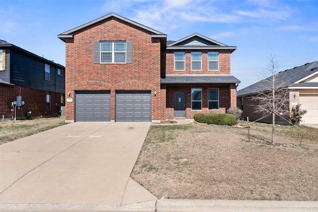 view of front of house with a garage, concrete driveway, and brick siding