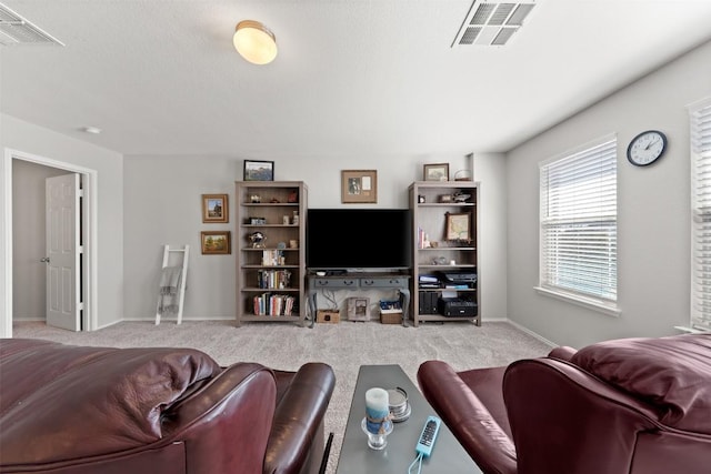 carpeted living area with visible vents and baseboards