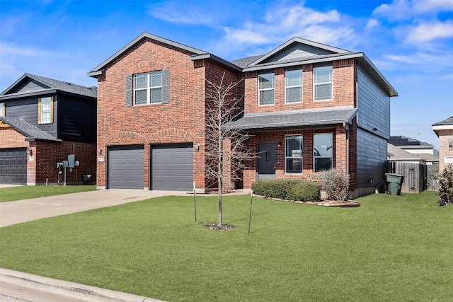 traditional-style home with brick siding, concrete driveway, an attached garage, fence, and a front yard