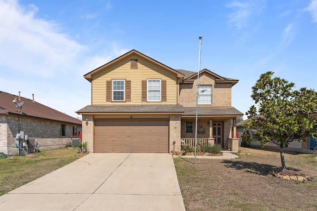 traditional-style home with a garage, driveway, a porch, and brick siding