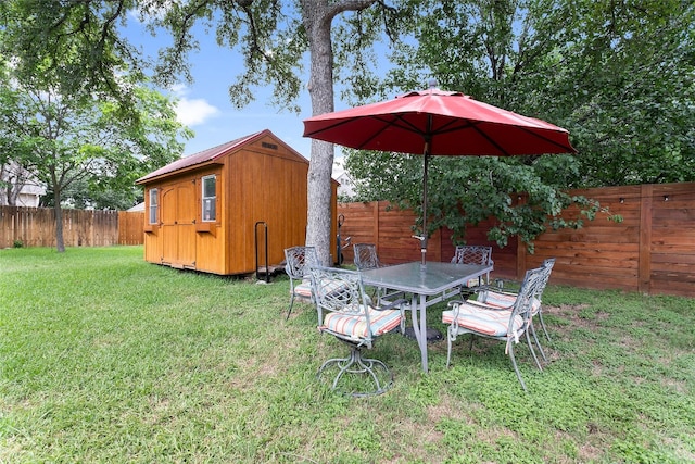 view of yard with an outbuilding, a storage shed, and a fenced backyard