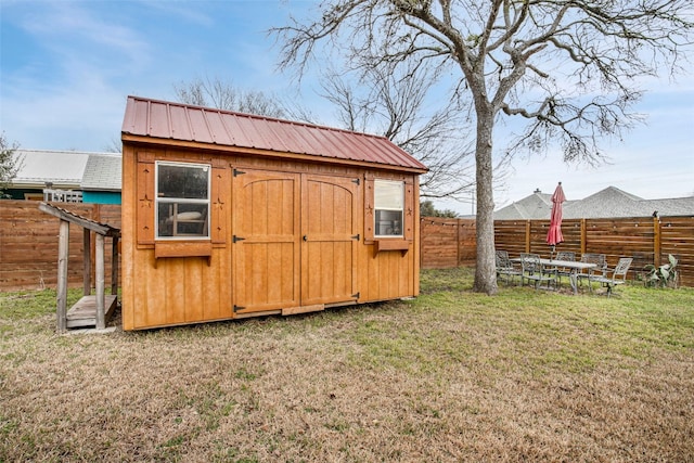 view of shed featuring a fenced backyard