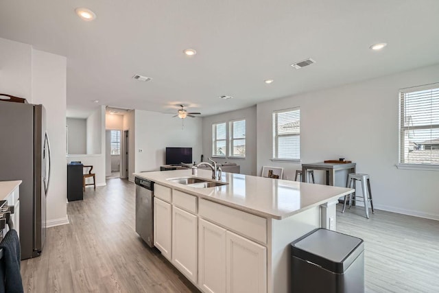 kitchen featuring stainless steel appliances, white cabinets, visible vents, and a sink