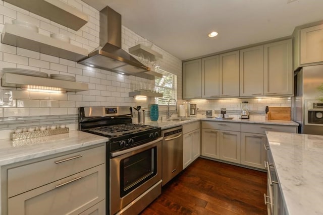 1110 W Oltorf St, Austin, TX 78704 - kitchen with stainless steel appliances, a sink, wall chimney range hood, open shelves, and backsplash