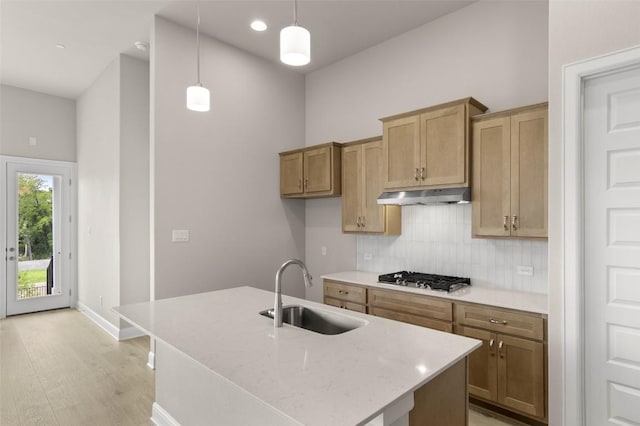 600 C-Bar Ranch Trl, Cedar Park, TX 78613 - kitchen with a sink, stainless steel gas stovetop, under cabinet range hood, decorative backsplash, and light wood finished floors