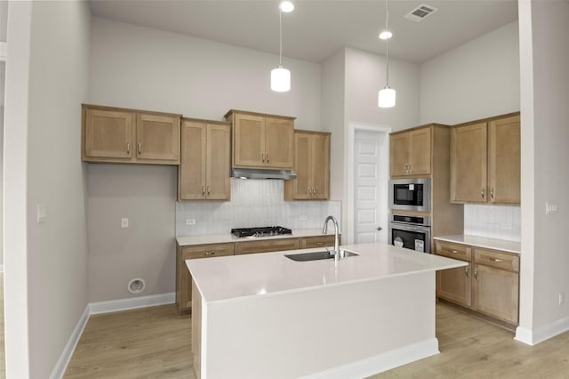 600 C-Bar Ranch Trl, Cedar Park, TX 78613 - kitchen featuring stainless steel appliances, a sink, under cabinet range hood, a towering ceiling, and tasteful backsplash