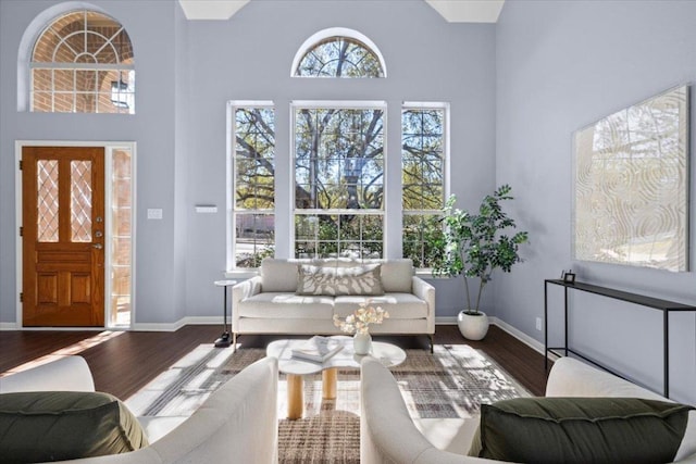 interior space featuring a high ceiling, wood finished floors, and baseboards