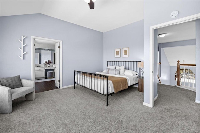 bedroom with a ceiling fan, lofted ceiling, carpet flooring, and baseboards