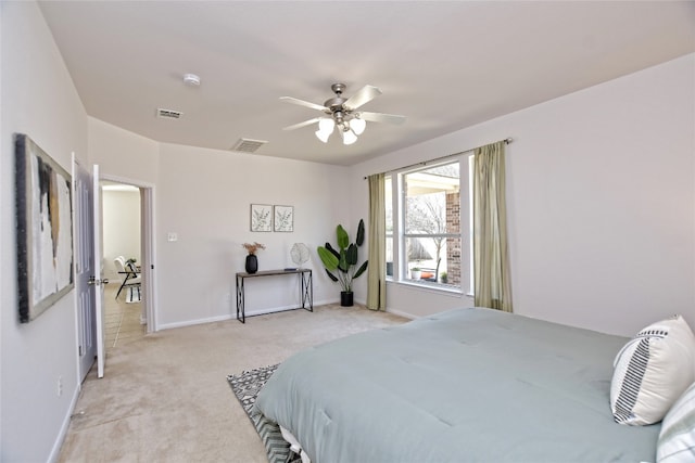 bedroom featuring light carpet, ceiling fan, visible vents, and baseboards