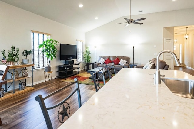 4337 Buffalo Ford Rd, Georgetown, TX 78628 - living room featuring dark wood finished floors, lofted ceiling, a ceiling fan, recessed lighting, and baseboards