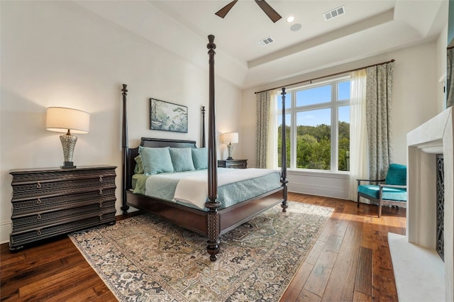 19520 Tessa Hts, Spicewood, TX 78669 - bedroom with hardwood / wood-style flooring, a tray ceiling, baseboards, and a ceiling fan