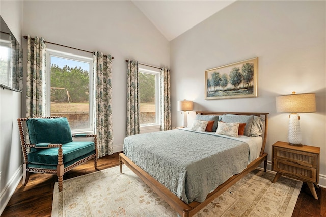 19520 Tessa Hts, Spicewood, TX 78669 - bedroom with wood finished floors, baseboards, and high vaulted ceiling