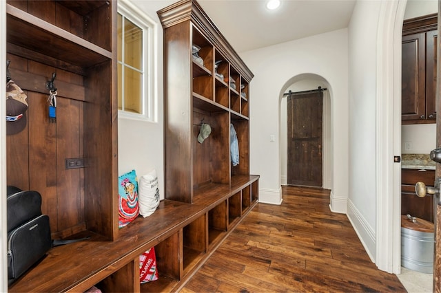 19520 Tessa Hts, Spicewood, TX 78669 - mudroom featuring a barn door, dark wood-type flooring, arched walkways, and baseboards