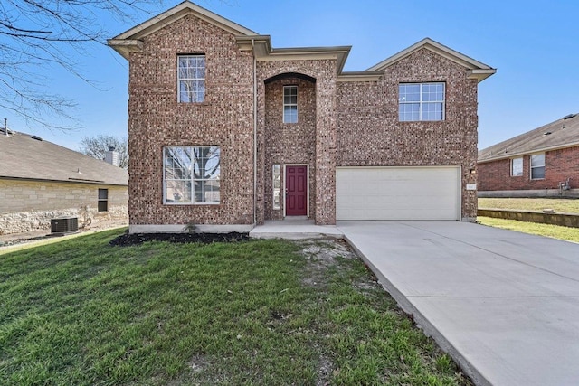 traditional-style home featuring brick siding, concrete driveway, an attached garage, central AC, and a front yard