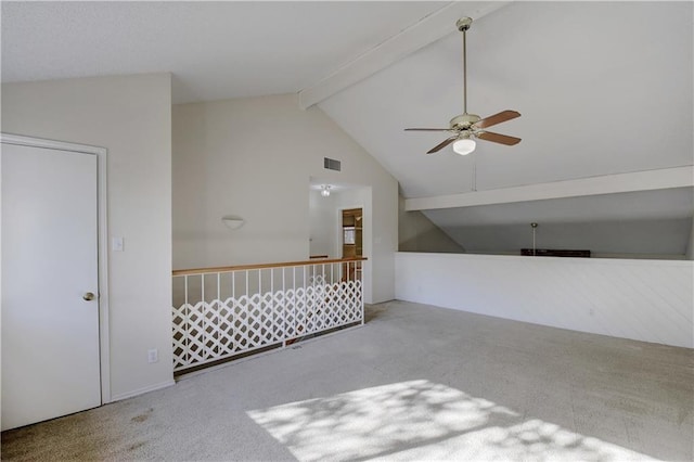 bonus room with ceiling fan, high vaulted ceiling, carpet floors, visible vents, and beamed ceiling