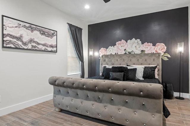 bedroom with baseboards, ceiling fan, recessed lighting, and wood tiled floor