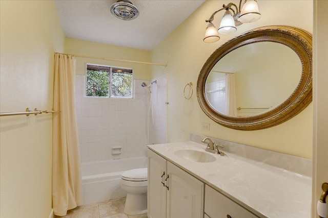 full bathroom with toilet, shower / bath combo with shower curtain, a textured ceiling, vanity, and tile patterned flooring