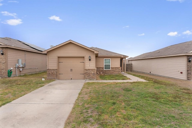 view of front of property featuring a front lawn, brick siding, driveway, and an attached garage