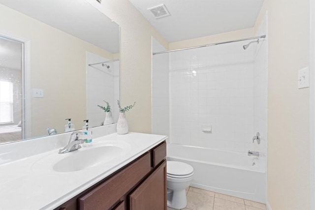 bathroom featuring visible vents, toilet, shower / tub combination, tile patterned flooring, and vanity