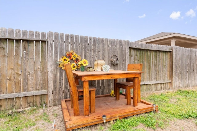 wooden terrace featuring fence