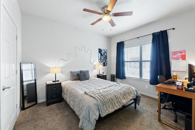 bedroom featuring carpet floors, ceiling fan, and baseboards