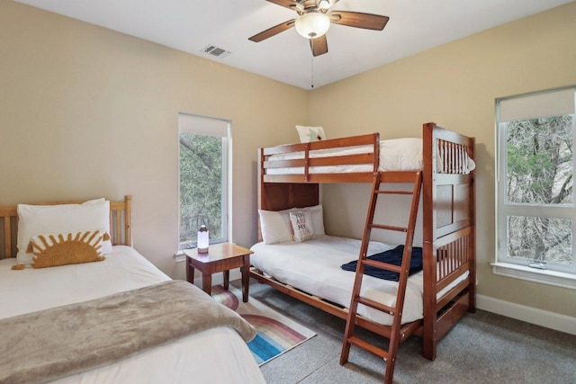 1024 Summit Blf, Canyon Lake, TX 78133 - carpeted bedroom featuring multiple windows, baseboards, and a ceiling fan