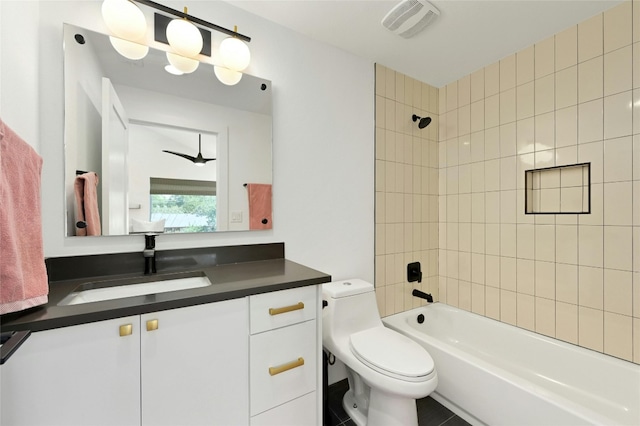 bathroom with visible vents, toilet,  shower combination, and vanity