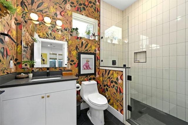 full bath featuring tile patterned flooring, wallpapered walls, toilet, a stall shower, and vanity