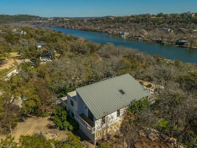 birds eye view of property featuring a water view