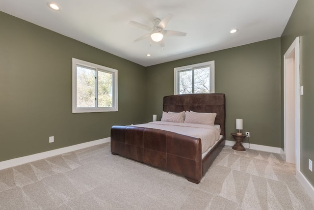 bedroom featuring ceiling fan, carpet floors, recessed lighting, and baseboards