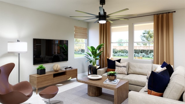 living room with a ceiling fan