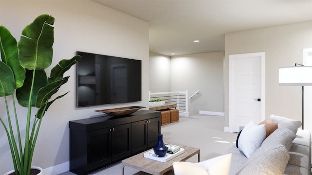 living area featuring baseboards, carpet flooring, and recessed lighting