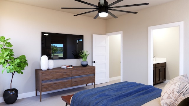 bedroom featuring ensuite bathroom, light colored carpet, and baseboards